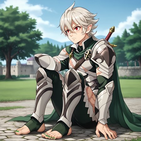 masterpiece, best quality, sharp aliasing, highly detailed, 1male, male body, male,EPfeCorrin, dark green cape, armour, dark green gloves, black pants, wearing pants, outdoors, evening, stone ground, tree, bush, buildings, windy, barefoot, toeless legwear, armoured legwear, armoured arms, shin armour, leg armour, leg and shin armour, shin guards, stirrup legwear, dark green stirrups, 5 toes, Quality, High Definition, Full body view, solo, slimes_sanemi, scar, scars, scar on face, scar on chest, scar on forehead, white hair, muscular, red eyes, slit eyes, pointy ears, sitting, green sword, green toenails, dirty feet, side view, grumpy expression