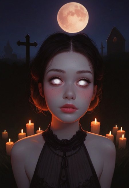 score_9, score_8_up, score_7_up, realistic, realism, dramatic angle, close-up, focus on face,
high detail, smooth, sharp lines, detailed, masterpiece, very aesthetic, godrays, (bokeh:1.2), high quality, (best quality:1.1), 
source_western, 1girl, 25yo, curvy, cutest girl, skimpy black Victorian dress, red/black striped stockings, ((zombie girl)), skinny, grey skin, pale white eyes, jack-o'lanterns, graveyard, night, moon, candles, simple background, green magic,
beautiful woman, gorgeous super model,