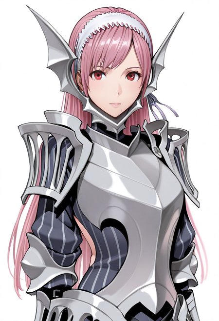 masterpiece, best quality, crimsonj-girl.fightil, 
  1girl, Cherche, long hair, pink hair, hairband, red eyes, armor, breastplate, shoulder armor, 
looking at viewer, smilling,
  Simple background,  perfect anatomy