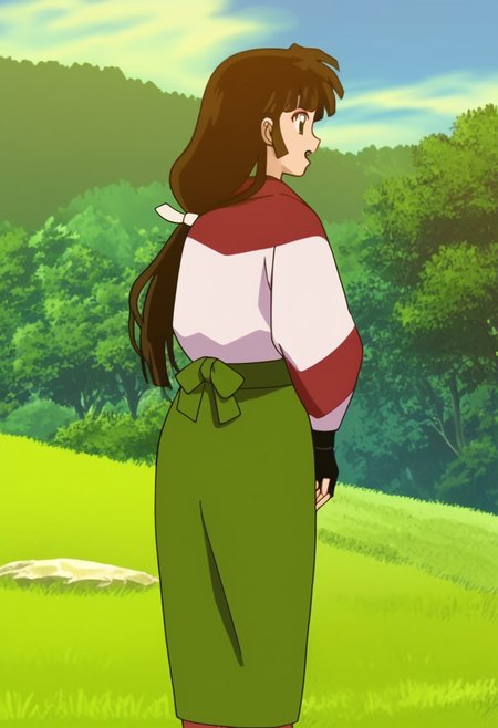 score_9, score_8_up, score_7_up, score_6_up, score_5_up, source_anime, rating_safe, best quality, extremely detailed, highres, perfect detailed, 8k, masterpiece, parody (InuYasha style), absurdres, official art, official style, InuYasha artstyle, anime coloring, retro style, flat shadows, anime screencap
BREAK Sango, 1girl, solo, brown eyes, brown hair, black hair, long hair, low-tied long hair, makeup, bangs, Japanese clothes, kimono, green skirt, skirt, fingerless gloves, gloves, open mouth, smile, standing, from behind, looking back, straw sandals, confused
BREAK grass, beautiful flower field, forest, trees, blue sky, sky