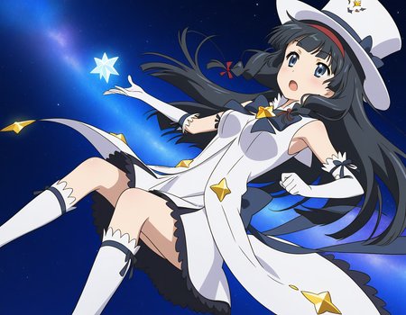 general,highres, ultra-detailed,very aesthetic,best quality ,best hands,  BREAK <lora:Itsuki_Houkago_no_Pleiades_IS:1> BREAK,
Itsuki(Pleiades), 1girl,solo, black hair, long hair, blue eyes, red hairband, twin braids, blunt bangs,breasts, anime coloring, BREAK,
hat, top hat, solo, gloves, dress, star (symbol), star (sky), open mouth, ribbon, space, magical girl, kneehighs, elbow gloves, sky, socks, hair ribbon,
blue sky,