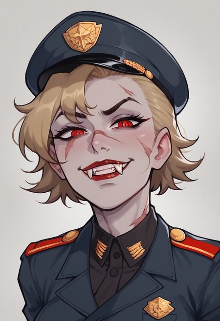 score_9, score_8_up, score_7_up, score_6_up, score_5_up, score_4_up, eye contact, looking at viewer, source_anime, naughty traditional art, lineart, DC, woman, (dirty blonde hair), grey skin, gray skin, cute face, attractive face, pretty face, smile, fangs, vampire fangs, teeth, rating_questionable, zPDXL, napoleonic military officer lady, military uniform, military insignia,  upper body portrait, scar over left eye, red eyes