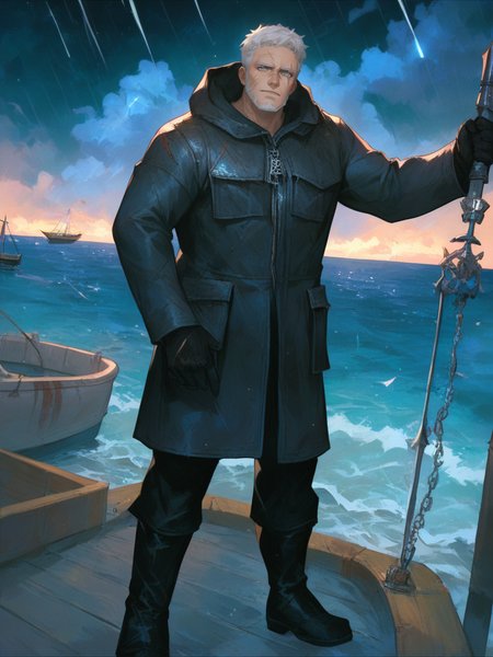 (score_9, score_8_up:1.1), score_7_up, masterpiece, <lora:Indigo_Elder_Limbus_Company:1>, IndigoElder, solo, short hair, gloves, 1boy, jacket, full body, grey hair, grey eyes, open eyes, male focus, boots, black gloves, pants, hood, black footwear, coat, black jacket, scar, black pants, beard, scars on face, zipper, black coat, mature male, standing  in boat, ocean in the background, open sea, night, thunderstorm, harpoon in hands, holding weapon, holding