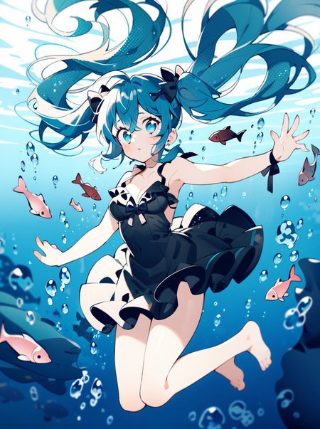 masterpiece, best quality, <lora:style28-xl-a3.1:1>,1girl, solo, dress, long hair, underwater, hatsune miku, twintails, blue eyes, black dress, blue hair, bubble, breasts, air bubble, barefoot, very long hair, parted lips, cleavage, bangs, looking at viewer, sleeveless dress, frilled dress, sleeveless, medium breasts, floating hair, frills, bare arms, bow, ribbon, black bow, bare legs, submerged, hair ribbon, hair between eyes, fish, blue theme, bare shoulders, hair bow, black ribbon
