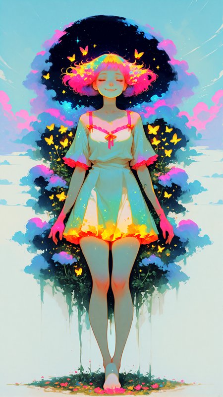 masterpiece, newest,absurdres,incredibly absurdres, best quality, amazing quality, very aesthetic, 
1girl, smiling, eyes closed, floating, arms spread, windblown hair, messy short hair, flower petals, ribbons, surreal, dreamlike, fantasy, dress, frills, bare legs, no shoes, glowing, floating objects, sky, clouds, multiple suns, butterflies, stars, sparkling, high detail, colorful, anime style, soft shading,
 <lora:style1_v1_Illusv2.0_1:1> stylized,  <lora:Forest_Decay_Style_ichi_sk:1> <lora:0__11Xx:1> 0__11Xx_illu