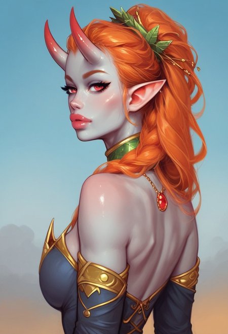 1girl, (((back view))), from front, solo, illustration, comic style, highly detailed, skinny, model body, looking at viewer, masterpiece, best quality, 
((fayenchantress, mizora, mizora \(baldurs gate\), mizora \(bg cambion\), 1girl, ashen grey skin, ginger hair, standing, demon girl, looking at viewer, ((grey demon oni horns)), solo, pointy ears, red eyes, demon wings, necklace, dark blue dress, deep cleavage to the waist, full black sleeves, <lora:Mizora_Baldurs_Gate_Cambion_PONY_XL_by_UOC:1.8>))
(young beauty, fit body:1.3), dynamic pose,
BREAK 
(((ruined city, blue sky:1.6)))) score_9, score_8_up, score_7_up, score_6_up, source_cartoon, rating_explicit, Expressiveh, ((((upper body))))), dynamic pose