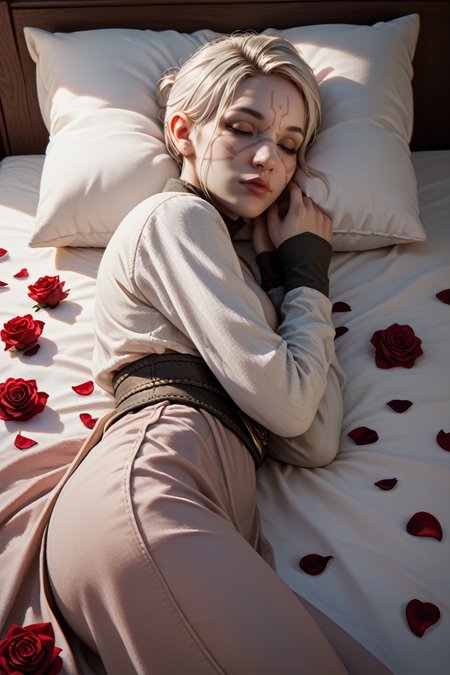 score_9, score_8_up, score_7_up,
<lora:StarMerrin:0.8>
StarMerrin, 1girl, white hair, face paint, brown eyes, looking at viewer, sleeping in a bed, rose petals, closed eyes, full body