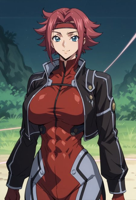 score_9, score_8_up, score_7_up, score_6_up, BREAK, 
1girl, solo, red hair, short hair, blue eyes, large breasts, Black jacket, red headband, body suit, pilot suit,
torso, beautiful face, (revealing clothes), (tight outfit: 1.3), tall girl, sexy smile, abs, very fit, muscles, toned, huge breasts, slut, whore, round breasts, breasts together,