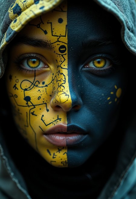 A close-up of a face adorned with intricate black and blue patterns. The left side of the face is predominantly yellow, with symbols and doodles, while the right side is dark, featuring mechanical elements. The eye on the left is a striking shade of yellow, contrasting sharply with the surrounding patterns. The face is partially covered by a hooded garment, cinematic_1940s cinematic_octane