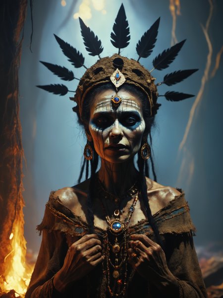 Voodoo Priestess,by Leonid Afremov and ZdzisÅaw BeksiÅski,and Francisco de Goya,ultra realistic,Horror vacui,eerie,god rays,Octane render,8k,film grain,deep colors,(mythical),trending on artstation,(masterpiece, high quality:1.1),(highly intricate details:1.1),(best quality:1.1) (8K, UHD:1.1),<lora:DetailedEyes_V3.SDXL:1>,<lora:add-detail-xl:0.5>,<lora:xl_more_art-full_V1:2>,<lora:RMSDXL_Enhance:2>,, Ultra-HD-details