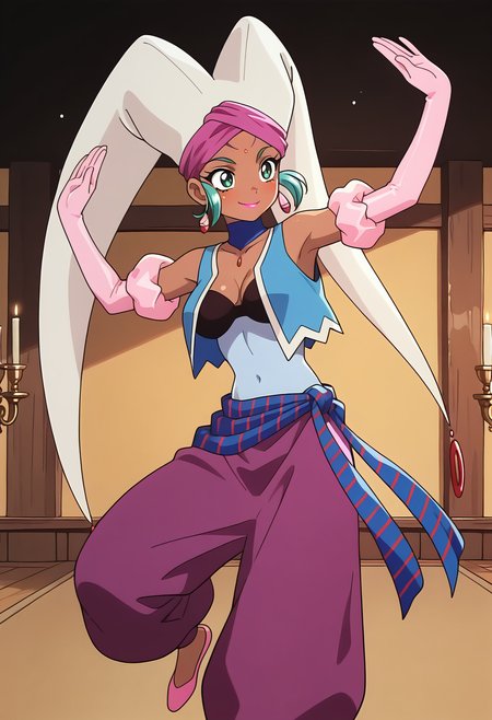 masterpiece, best quality, amazing quality, 1girl, solo,
<lora:female_jinn1_v01:0.9>, female_jinn1, dark-skinned female, green hair, short hair, facial mark, bindi, green eyes, lipstick,
hat, turban, earrings, choker, jewelry, blue vest, arabian clothes, cleavage, waist bandana, striped bandana, pink elbow gloves, purple harem pants, pink flats, smile, belly_dance, dancing