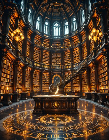 grand enchanted library filled with towering wooden bookshelves that stretch endlessly into the distance, packed with ancient, leather-bound books glowing with mystical runes. The atmosphere is illuminated by floating candles and ethereal blue and golden lights that hover in the air, casting a warm, magical glow. A spiral staircase made of dark oak winds upward, disappearing into the shadows of the high-vaulted ceiling adorned with intricate celestial carvings. Wisps of enchanted mist swirl around the floor, while some books levitate gently from shelf to shelf, as if guided by an unseen force. The air shimmers with dust particles suspended in soft, golden light filtering through stained glass windows, depicting mythical creatures and arcane symbols. The scene is rich in deep, warm tones of mahogany, gold, and sapphire, evoking a sense of wonder, mystery, and timeless knowledge. The image is highly detailed and photorealistic, capturing the textures of the aged books, the glow of magical elements, and the enchanting stillness of this mystical sanctuary of wisdom.
<lora:SDXLFaeTastic2400:0.4> <lora:extremely_detailed:0.4> extremely detailed,<lora:3nch4nt3d_l1br4ry-ill:1>,3nch4nt3d l1br4ry, Masterpiece,best quality,hi res,8k,hi res,8k,award winning,(sharp focus, intricate, highly detailed),