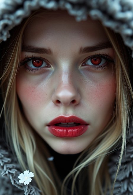 A stunning close-up of a blonde woman, gothic fashion , with bright red eyes, moist pink lips, fangs, wearing a fluffy animal ear hood, soft lighting, realistic and delicate facial features, fallen snowpetal, photorealistic rendering. Natural light interplay on skin,Photorealistic shadow softness, Lifelike hair gloss , Photorealistic color grading