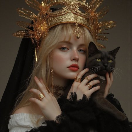 Religious iconography, female figure, blonde hair, holding cat, golden halo, black veil, white dress, ornate details, serene expression, digital art, mystical theme, high contrast, dramatic lighting, intricate design, golden accents, ethereal atmosphere.logoan