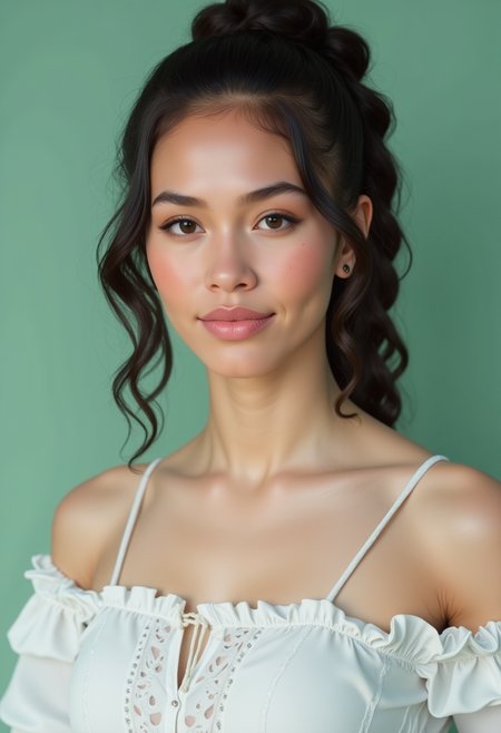 She is approximately 18 years old. Hyperrealism, she is looking at the camera, (dynamic angles), profile headshots of a beautiful, stunning unique female character.  she has dark hair,long hair, braid. her eyes are filled with joy and excitement, extravagant eyelashes. a photo of BGv2, she is wearing a white frilly shirt. The woman is posing confidently. simple sage green colored background. She has a slight smile on her face and is looking directly at the camera. making this image a masterpiece of photography and digital art. realistic. making this image a masterpiece of photography and digital art. Style: realistic hyper-detailed rendering, 32k UHD, expressive eyes, punk, graphic design, girl's face, pretty and cute, gleaming lips, telling a tale of adventure. Exuding confidence and serenity. The overall mood of the image is happy and relaxed,detailed skin texture,(blush:0.2),(goosebumps:0.3),subsurface scattering,whimsical,Detailed hand, Perfect hand. Perfection style.