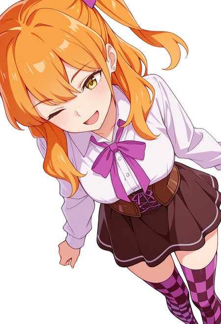 masterpiece,high quality details,absurdres, 
 <lora:Chibana_Sumika:0.8>
sumika_cnr, 1girl,orange hair, long hair, yellow eyes,one side up, bangs,stud earrings,, simple background, white background, dynamic angle,solo,, ;d,, corset top  ,dress shirt,short skirt,,checkered legwear thighhighs,