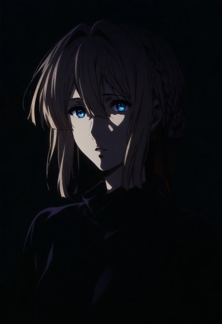 1girl,Violet Evergarden (Violet Evergarden), solo, dark, light, masterpiece, best quality, very aesthetic, close up,  parted lips