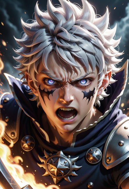black clover asta  ,  having his final battle, closeup shot, he is angry, realistic photo, 8k, perfection,  simi realiality. white hair