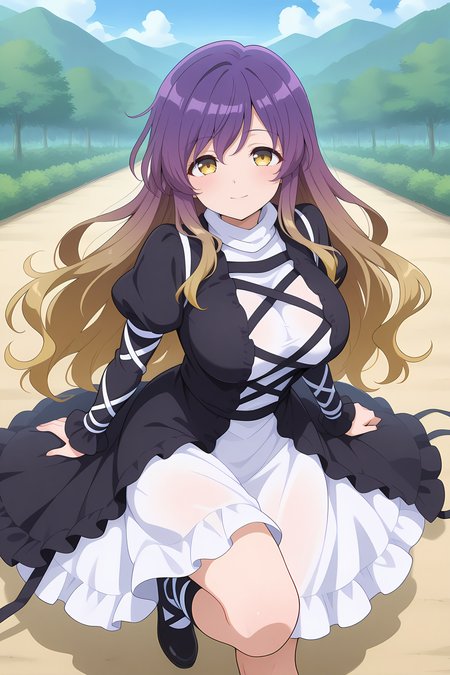 absurdres, highres, masterpiece, best quality, amazing quality, official anime artwork, screencap, anime screencap, outdoors, looking at viewer, light smile, dynamic pose,
 <lora:Byakuren-Hijiri_Illustrious:1> hijiri byakuren, 1girl, solo, yellow eyes, purple hair, long hair, multicolored hair, gradient hair, breasts,, layered dress, white dress, black dress, cross-laced clothes; long sleeves, puffy sleeves, frilled skirt, black footwear,