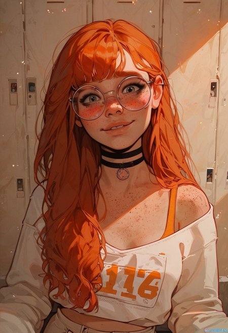 safe_pos, score_9, score_8_up, score_8_up, 1 Caucasian ginger girl, 1 girl, ginger hair, ((long hair)), ((bangs)), straight hair, choker, portrait, nervous, in locker room, blushing, happy to see viewer, POV, round aesthetic glasses, ((freckles, streetwear, oversized jeans)), average tits, teardrop shaped tits, fit body, thin waists, beautiful, day lighting, negative_hand, g0thicPXL, GTA