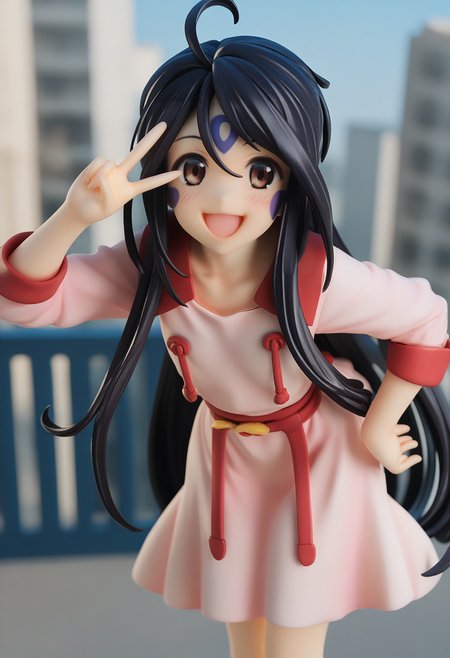 score_9, score_8_up, score_7_up, score_6_up, score_5_up, score_4_up, source_anime,  Skuld, looking at viewer, blush, smile, open mouth, open eyes, :d, v, ^_^, facepaint, city <lora:Skuld (1):1>, cowboy shot, pink dress, leaning forward, hand on own hip,