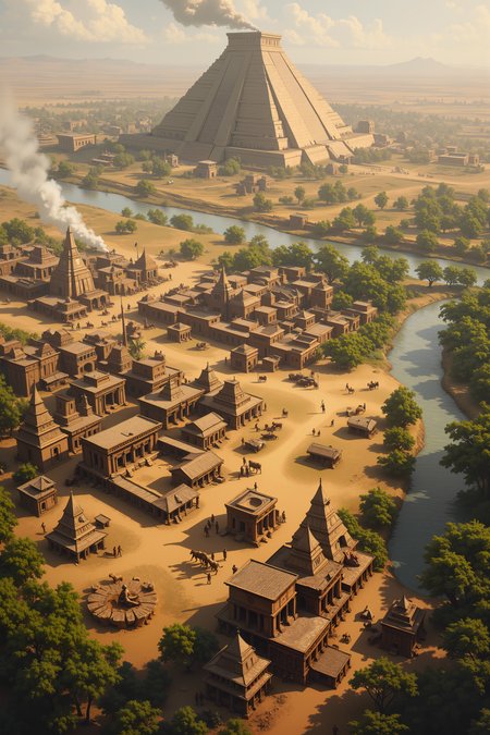 A breathtaking aerial view of humanityâs first great city, built along the banks of a mighty river. Mud-brick homes and early temples of stone rise amidst lush farmland, where workers tend to wheat fields and guide oxen-drawn plows. Smoke curls from the hearths of bustling market stalls, while a towering ziggurat, still under construction, dominates the horizon. In the distance, nomadic tribes on horseback approach, their banners fluttering in the wind, signaling the dawn of diplomacyâor conflict. <lora:aesthetical-000003:0.15><lora:aidmaNSFWunlock-FLUX-PonyStyle-v0.1:0.15><lora:Flux-jijia:0.1><lora:GLSHS:0.6>