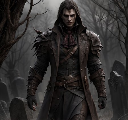 (masterpiece:1.2), (best quality,:1.2), 8k, HDR, ultra detailed, ((photorealistic)), professional light, cinematic lighting, fashion photography, ambient lighting, atmospheric effects, <lora:detail_slider_v4:2>, (DarkFantasy:0.2), a male hunter, wearing a long coat, ascot,  bracers, belt, gothout, <lora:Gothic_Outfit:0.5>,  in a dark and sinister gothic graveyard, iron fence, open graves, darkness, <lora:Darkness-10:0.6>,  <lora:zoom_slider_v1:2>, (Style-Necromancy:0.5), epiCPhoto5