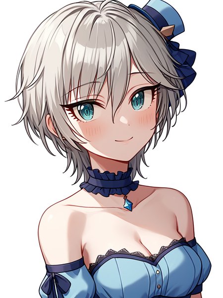 score_9,score_8_up,score_7_up, <lora:idolmaster_cinderella_all:1>ï¼1girl, anastasia (idolmaster), aqua eyes, bare shoulders, blue choker, blue dress, blue hat, blush, cleavage, collarbone, detached sleeves, frilled choker, grey hair, hair between eyes, halter dress, lace-trimmed dress, looking at viewer, medium breasts, mini hat, pendant, short hair, simple background, smile, solo, upper body, white background