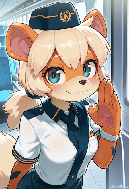 Wagashi_(Dagashiya), (mizumizuni:0.5), (wamudraws:0.5), (m-da_s-tarou:0.4), (porforever:0.5), (hotvr:0.3), 
(((growlithe furry, anthro, furry female))), (solo, flight attendant, hat, uniform, necktie, ponytail, saluting, standing, smile), looking at viewer, upper body, face focus, closeup, from front,
(amazing quality, very aesthetic, absurdres, best quality, newest, masterpiece, 4k resolution, detailed)