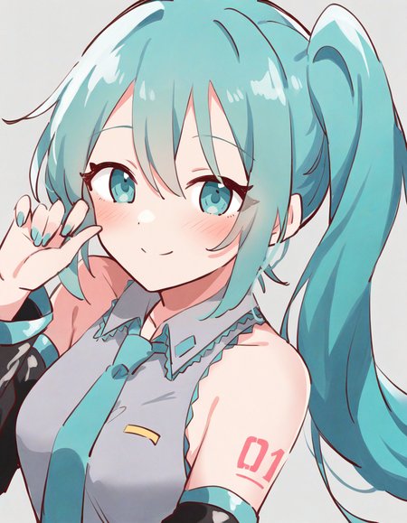 <lora:ruiruika>,1girl,hatsune miku,vocaloid,alternate hairstyle,aqua eyes,aqua hair,aqua nails,aqua necktie,aqua trim,arm at side,bare shoulders,black sleeves,breasts,closed mouth,collarbone,collared shirt,detached sleeves,dot nose,eyelashes,eyes visible through hair,film grain,fingernails,grey background,grey shirt,hair between eyes,hand up,long hair,medium breasts,meme,necktie,open hand,scene reference,shirt,side ponytail,simple background,sleeveless,smile,solo,split mouth,upper body,very long hair,wing collar,blush,looking at viewer,nail polish,sleeveless shirt,sidelocks,hair over shoulder,, masterpiece, best quality, very aesthetic, absurdres,newest, incredibly absurdres,
