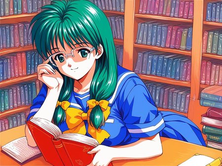 score_9, score_8_up, score_7_up, source_anime, rating_explicit, BREAK  <lora:Kisaragi_Mio_XL:1> Kisaragi_Mio, long hair,  green hair,  glasses,  green eyes, hair over shoulder, low-tied long hair,  medium breasts, 1990s \(style\),  solo,
 school uniform, book, smile, bow, serafuku, sailor collar, yellow bow, reading,
library,