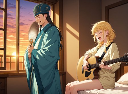 masterpiece,best quality,amazing quality,very aesthetic,absurdres,newest, huge filesize, 
<lora:spo_sdxl_10ep_4k-data_lora_webui:0.5>,anime screenshot, 2d anime,anime coloring, 
<lora:add-detail-xl:1>  
1girl, sitting on bed, holding Guitar,closed eyes, singing, side by side,
1boy, standing, hetero, watching girl , standing near window,sunset,  crying, tearing up,  closed eyes, 
<lora:Paripi_Koumei_V1:1>
Paripi_KoumeiV1,
BREAK
1boy, standing, hetero, watching girl , standing near window,sunset,  crying, tearing up,  closed eyes, streaming tears, teardrop, 
fan covering face, holding fan, front view, looking at viewer, 
facial hair,
chinese clothes,hanfu,
long sleeves,wide sleeves,
long hair,hat,blue headwear,robe,mustache,
closed mouth,sash,black hair,
p_koumei,
BREAK
1girl, sitting on bed, holding Guitar,closed eyes, singing, facing another, enjoy,from side, 
blonde hair,   
solo,braid,
long hair,bangs,
twin braids,blunt bangs,
brown eyes,p_eiko_house ,