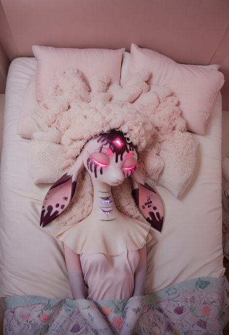female focus, solo focus, solo, score_9, score_8_up, score_7_up,1girl, belphegorHelluvaBoSSV1, furry female, sheep, furry, 1girl, female Focus, glowing eyes, pink eyes, pokemon (creature), closed eyes, bed, bedroom, sleep, asleep, sleeping