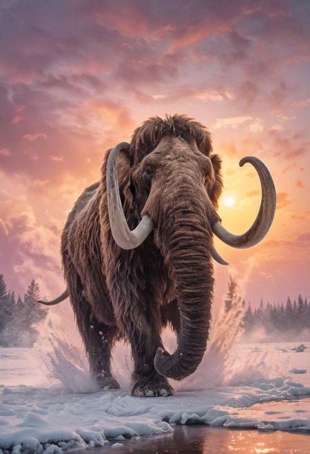 breathtaking Wildlife photography,RAW photo, majestic Woolly mammoth charging at viewer,  morning fog, dynamic snowfall, highly detailed, sun rise, pink and orange clouds, detailed water, vivid colors, <lora:add-detail-xl:.7>  . award-winning, professional, highly detailed