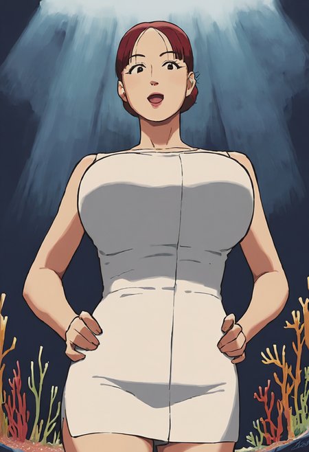 score_9, score_8_up, score_7_up, 1girl, large_breasts, mature_female, portrait, solo, looking_at_viewer, open_eyes, Standing with hands on hips, making a silly face, from_below, (Coral happi), short hair, bun, Strawberry Red hair, cave, feet_out_of_frame, rating_safe, <lora:pony\artist_styles\izayoi_no_kiki_pony:1.0>