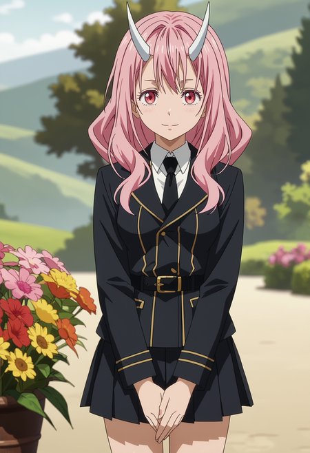 score_7_up, anime screencap,
<lora:TenSura_ShunaXL:0.9>,
1girl, solo, light smile,
long hair, pink hair, pink eyes, white horns,
ShunaMilitary, black jacket, black necktie, black belt, pleated skirt, black skirt,
own hands together, thigh gap, looking at viewer, cowboy shot,
blurry background, outdoors