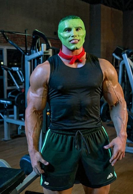 Big muscular handsome youngman with a green head 
 wearing sportswear in the gym at night