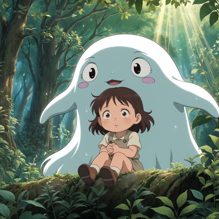 anime screencap, anime, thick outlines, (studio ghibli:1.5), 
a chibi Whimsical ghost, comforting a chibi , photorealistic, dense foliage, detailed greenery, soft light rays, serene ambiance, ultra-high resolution, natural color palette, cinematic shot, close-up view, medium shot, wide-angle view, low-angle shot, high-angle shot, expressive faces, smooth textures, gentle glow, mystical atmosphere, balanced composition, dynamic flow, tranquil setting, tender interaction, enchanted forest