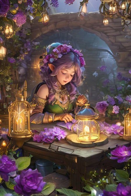 (masterpiece:1.2), (best quality,:1.2), 8k, HDR, ultra detailed, ((photorealistic)), professional light, cinematic lighting, fashion photography, ambient lighting, fantasy, background,  The gnomegirl alchemist at work, the alchemist's workshop in the interior, particles of light, <lora:detail_slider_v4:1>, FanLan, <lora:FantasyLandscape-10:0.7>, epiCPhoto,
