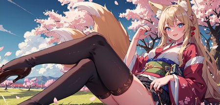 (masterpiece, best quality:1.3), (ultra detailed, cinematic lighting:1.2), 1girl, solo, blonde hair, long hair,  blue eyes, fox ears, fox tail, light smile, kimono, black thighhighs, (grass, cherry blossoms, flutter cherry blossoms leaves, clouds, blue sky),  outdoors