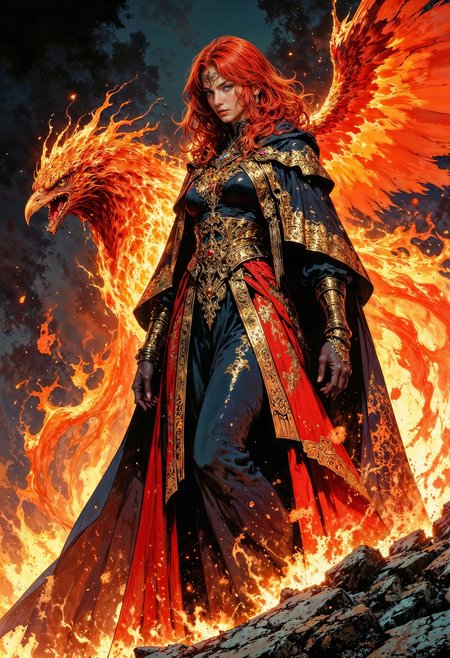 Clad in robes of flickering flame and adorned with golden runes, the Emberheart Sorceress is a walking inferno of power and passion. Her fiery red hair crackles like a living blaze, and her molten gold eyes burn with the intensity of an eternal fire. At her side soars a magnificent phoenix, its feathers ablaze with hues of crimson, orange, and gold. With each beat of its wings, embers rain down, igniting the air with sparks of magic. Together, they embody rebirth and destruction, their presence heralding either salvation or ruin, depending on the hearts of those who stand before them. <lora:FluxMythR3tr0Style:0.8> <lora:Elden_Ring_-_Yoshitaka_Amano:0.75> <lora:FluxMythG0thicL1nes:0.4> <lora:ck-painterly-fantasy:0.2> <lora:flux.1_lora_ink-dynamic:0.2>