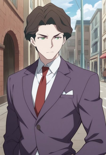 masterpiece,best quality,amazing quality, source_anime, 
AndrewHanbridge, 1boy, male focus, solo, green eyes, brown hair, shirt, white shirt, collared shirt, necktie, red necktie, jacket, purple jacket,
outdoor,