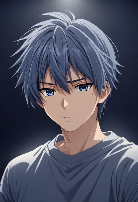 high resolution, solo, best quality, 1Boy, Tomoya Okazaki, Grey Blue Hair, cool, Mysterious black background, Movie lighting, a sense of atmosphere, OverallDetail