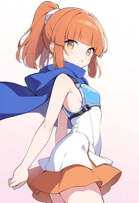 (Arle Nadja from puyopuyo), 1girl, ((((darkorange hair)))), high ponytail, (((((Blunt bangs))))), ((((small breast)))), (golden eyes), (((Loose white one-piece skirt))), (blue cloak), (Blue breastplate), 
from side,
cowboy shot, gym uniform, arle nadja,