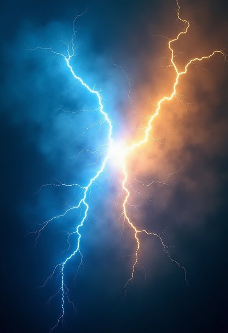 Two lightning bolts crashing into one another, one lightning bolt is blue and the other is yellow, both bolts are crackling with energy, the two bolts meet in the middle of the image, it almost looks as though the two lightning bolts are competing with each other, the image is cinematic and jaw dropping, it is highly detailed, a masterpiece