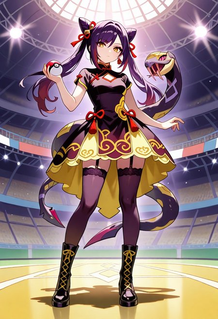 (masterpiece, best quality, high quality, highres), very awa, highres, absurdres, intricate detailed,
genshin impact, 
1girl, seviper, solo, full body, standing, 
warped by snake, holding pokeball,
magical girl, Chinese dress, complex outfit,
red dress, (dark purple black dress:1.3), (mustard yellow dress:1.1), ribbons, lace, multicolored dress, ornament on dress, stockings, lace-up boots,
arena  background,