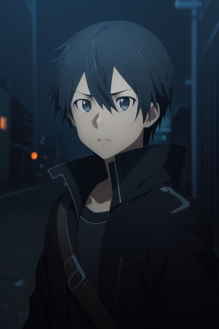 high resolution, solo, best quality, 1Boy, Kazuto Kirigaya, portraits, Black Hair, Black Eyes, portrait, midnight, dim street lights, mysterious, threatening, gun, aiming the gun to the viewer, OverallDetail