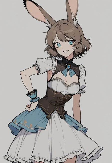 score_9, score_8_up, score_7_up, (2d), source_anime, very aesthetic, anime screencap, anime color,
BREAK,  
1girl, (skinny:1.2), (medium breasts), Viera, aqua eyes, brown hair, short hair,
 BREAK, 
Simple background,
Portrait, smile, hand on hip, leaning forward,idol dress,
