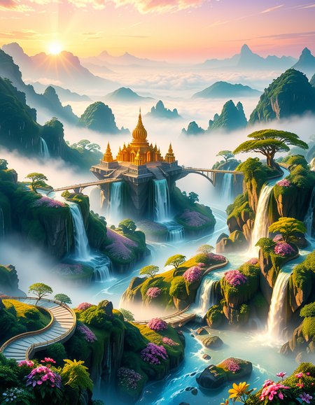 A mesmerizing celestial background featuring an otherworldly paradise. Towering crystalline mountains with peaks that glow softly under a sky painted in shifting hues of iridescent blues, pinks, and golds. Rivers of liquid light flow through vast, open meadows filled with luminescent flowers that pulse with a gentle glow. Gigantic, translucent trees with silver leaves sway in a breeze that carries floating particles of golden dust. Suspended bridges made of shimmering energy connect ancient, floating monoliths engraved with intricate celestial patterns. In the distance, an enormous radiant waterfall cascades into a bottomless, mist-covered abyss, reflecting the surrounding ethereal glow. A tranquil atmosphere, untouched and divine, filled with an overwhelming sense of wonder and serenity.
<lora:SDXLFaeTastic2400:0.4> <lora:extremely_detailed:0.4> extremely detailed, <lora:heavenly_l4ndsc4p3:1>,heavenly l4ndsc4p3, Masterpiece,best quality,hi res,8k,hi res,8k,award winning,(sharp focus, intricate, highly detailed),