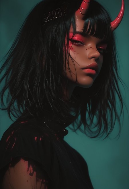 detailed, realistic, photorealstic,nj \(aura\),  ,by ibuki satsuki, sexy, slutty, hot, aroused, BAMF-Illu, dark skin, 
Aka-Oni, oni,,horns, neon horns, medium hair, wolf cut, fingers through hair,, depth, profile, glint, hair flip, foreshortening, glitch art, abstract composition, ink style, ligne claire, outline, vibrant, very awa, masterpiece, best quality, high quality, newest, recent, year 2024, absurdres, clean lines, shinydark_fantasy_style, dark fantasy, retro,